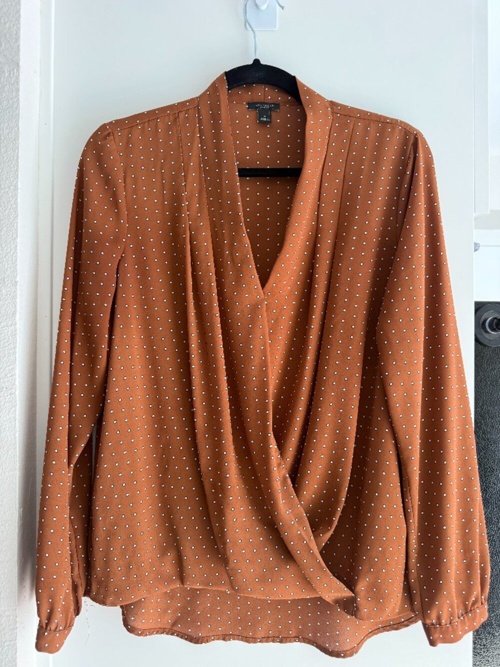 Ann Taylor Factory Faux Wrap Blouse - Rust Polka Dot I Size M